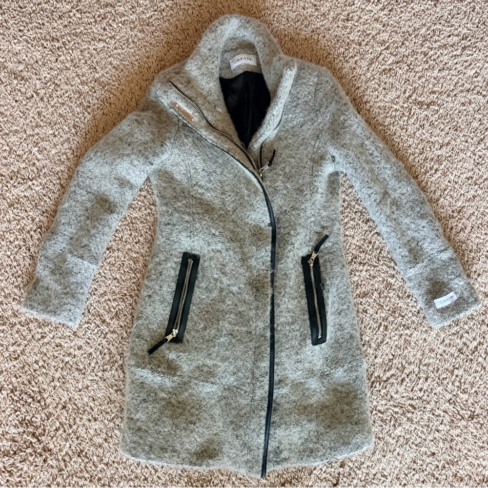 Calvin Klein Gray Wool-Blend Asymmetrical Zip Trench Coat